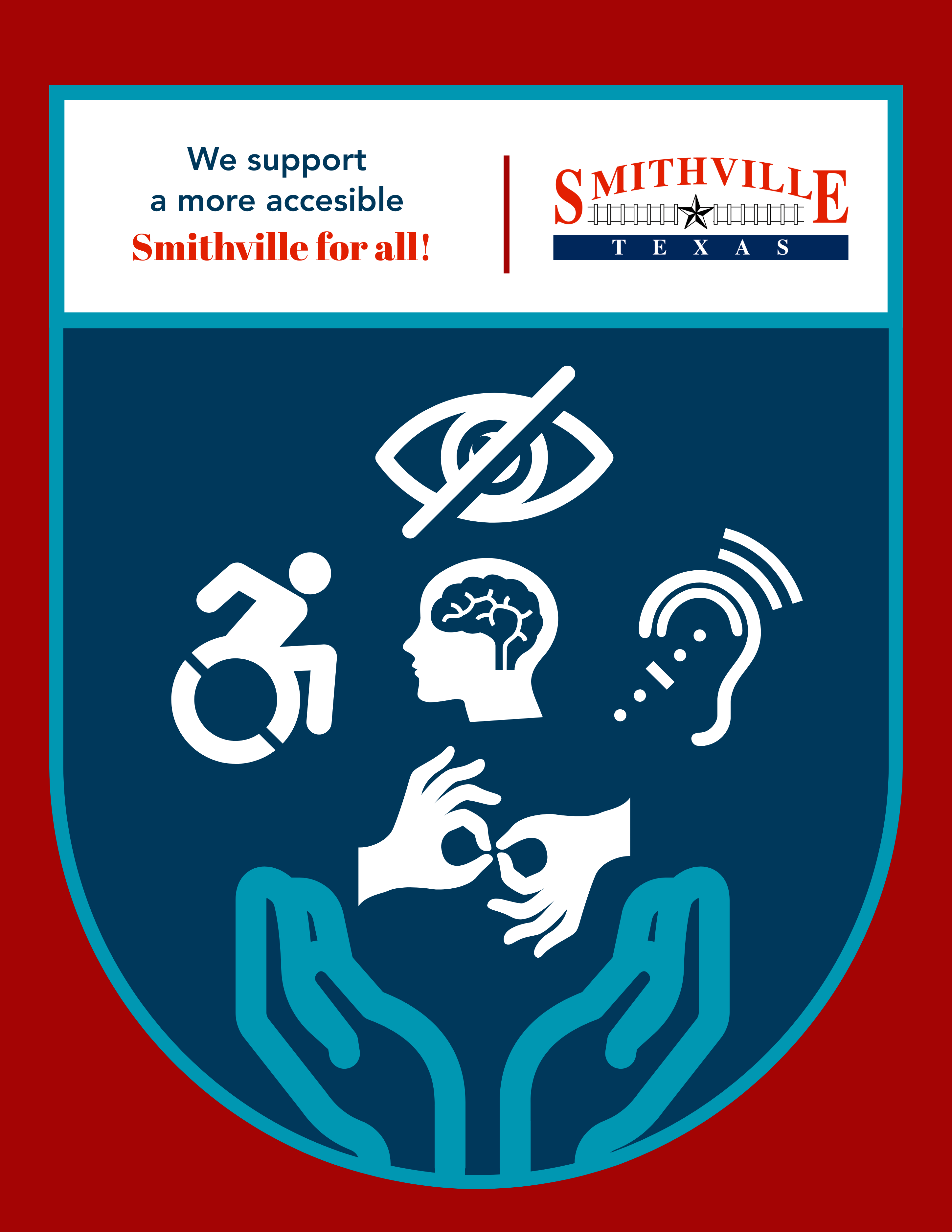 Smithville logo with icons for mobility, vision, hearing, cognitive, and sign language, symbolizing 